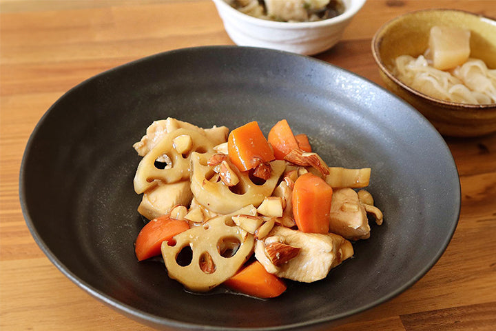 Stir-Fried Almonds and Root Vegetables in Sweet Vinegar Sauce